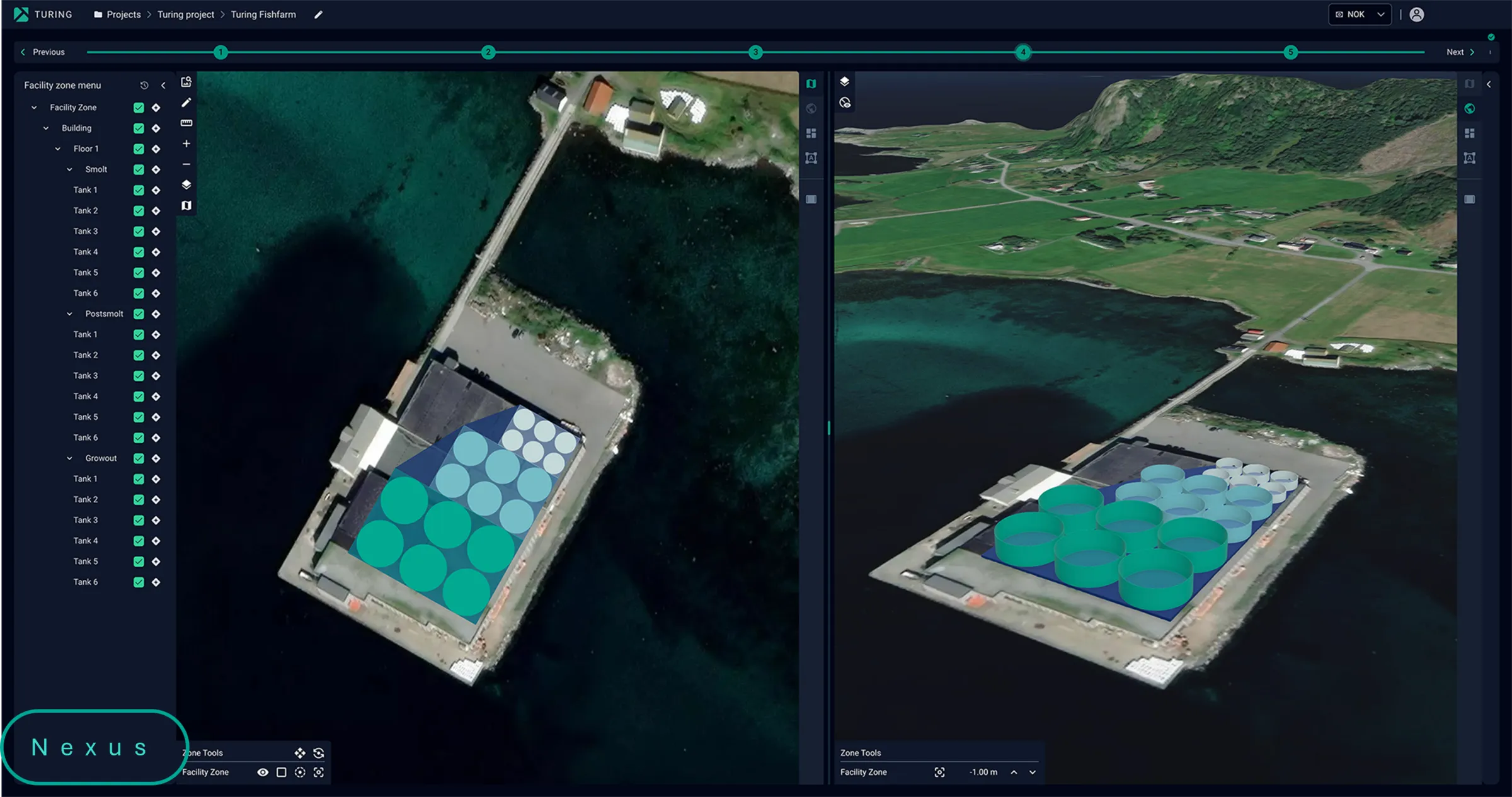 Nexus site view of a coastal fish farm, with the tank layout placed on satellite imagery beside a 3D view of the surrounding terrain