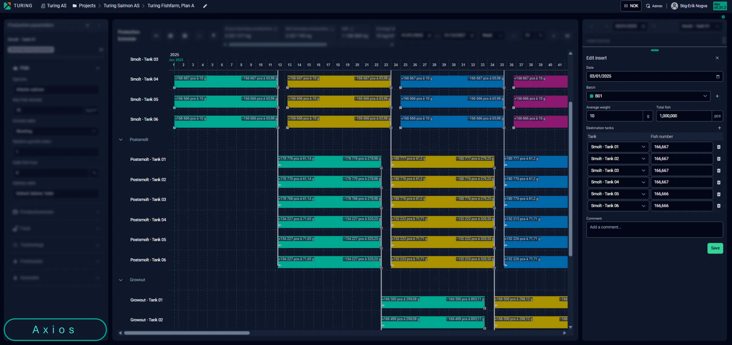 Axios production schedule with an insert being edited and one million fish distributed across six smolt tanks